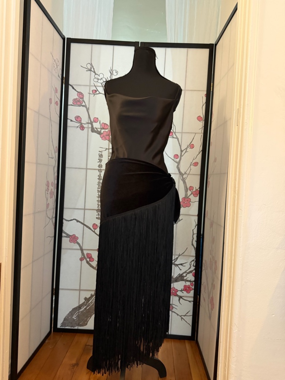 Zara Black Satin Fringe Midi Dress